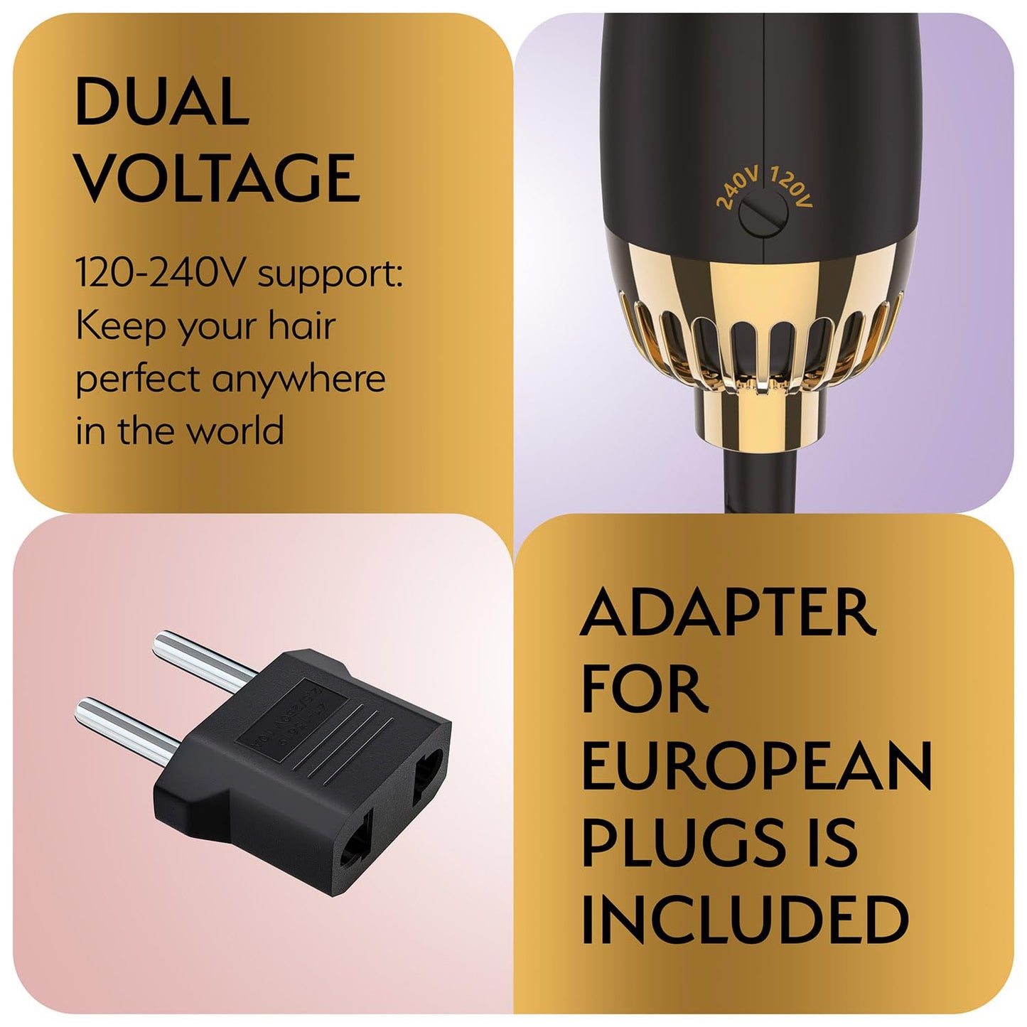 Manual Dual Voltage Blowout Hair Dryer Brush, Professional Hot Air Brush for European Travel 110V-120V/220V-240V, Black Gold Dryer and Volumizer for Women, 2.4 INCHES Oval Shape