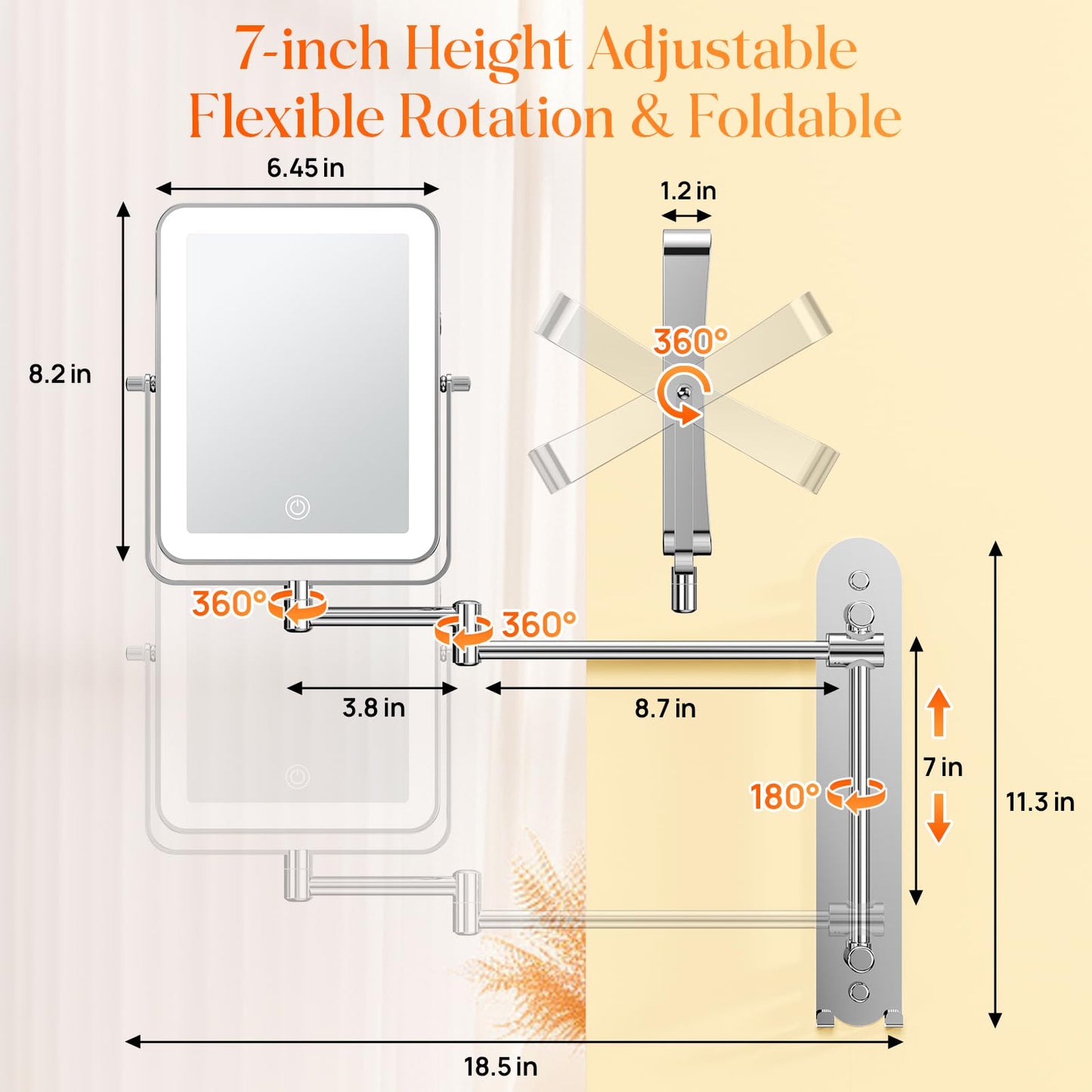 Gospire Height Adjustable Wall Mounted Lighted Makeup Mirror with Hooks, 3000mAh Rechargeable with 1X/10X Magnification, 3 Light Colors and Stepless Dimming for Bathroom