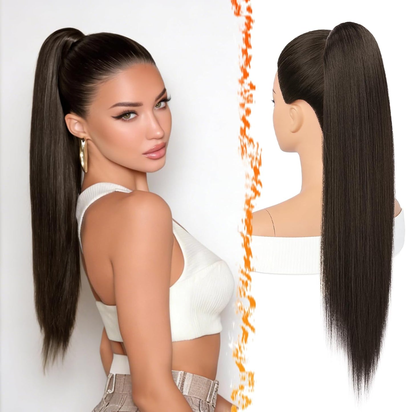 Straight Drawstring Ponytail Extension - 16 Inch Soft Synthetic Hairpiece for Daily Wear | Brown with Blonde Highlights