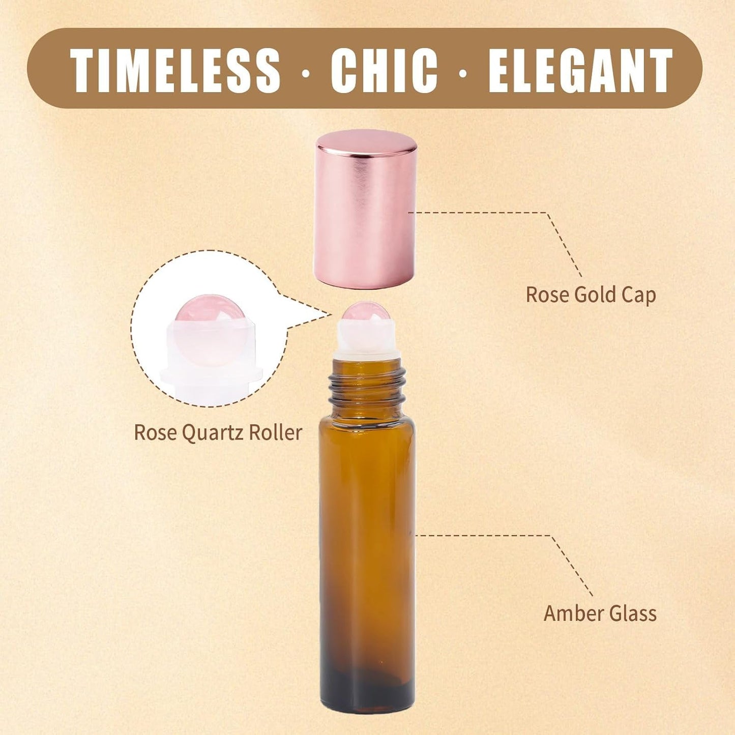 Rose Quartz Roller Bottles - 8 Pack 10ml Refillable Amber Glass Roll-On Bottles | Leak-Proof Travel Perfume with Crystal Roller Balls