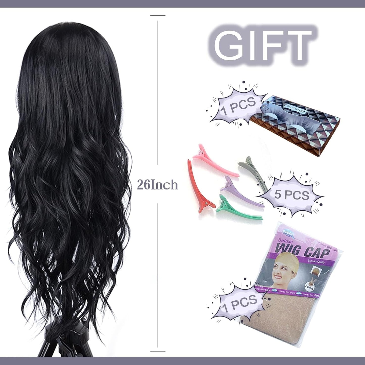 Long Wave Black Wig for Women - 26-Inch Heat Resistant Synthetic Hair | Natural Look for Daily Wear
