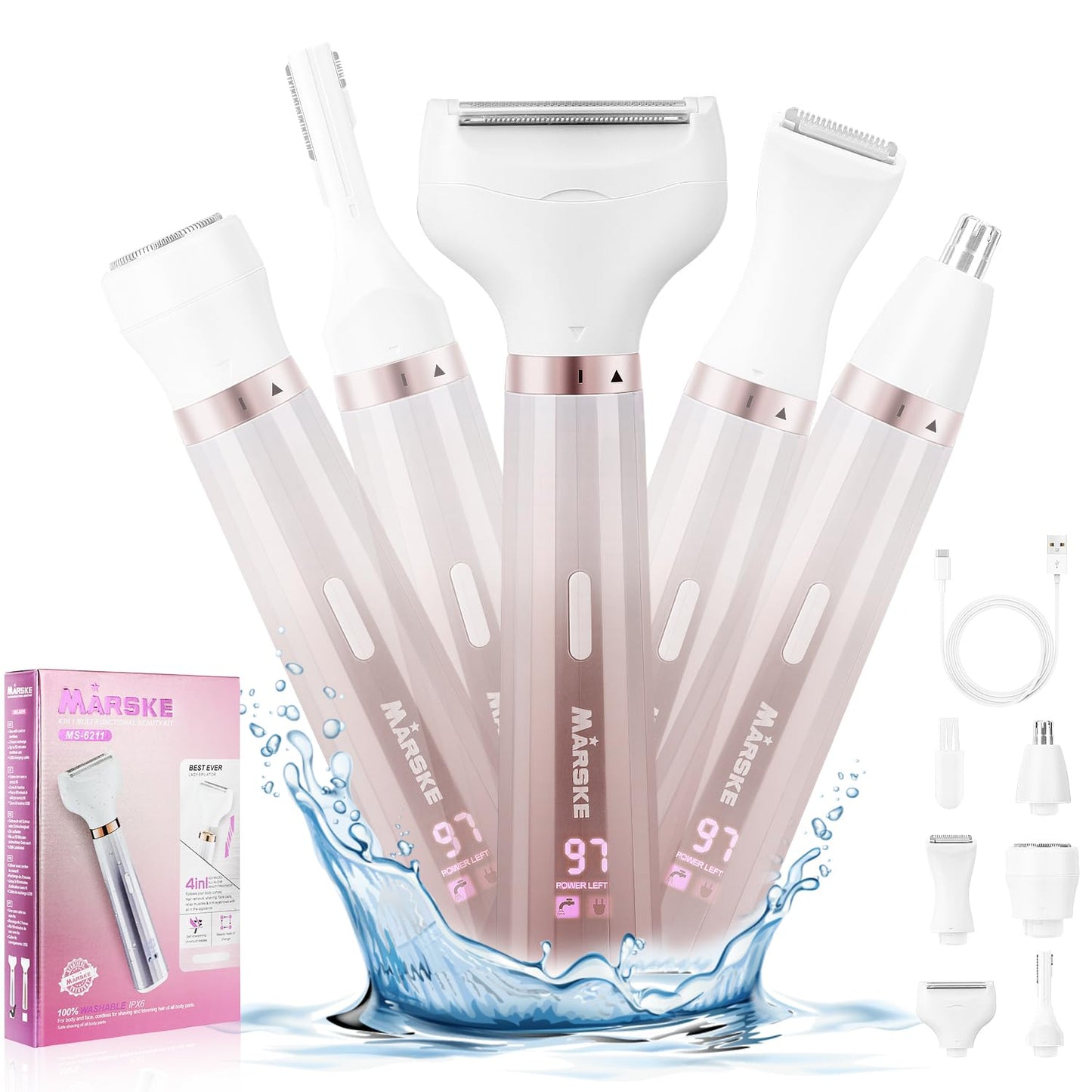 Electric Razor for Women, Bikini Trimmer 5 in 1 Electric Shavers Razors IPX6 Waterproof Wet/Dry Body Shaver for Face Nose Eyebrow Arms Armpit Legs Pubic Area Painless Replaceable Facial Hair Removal