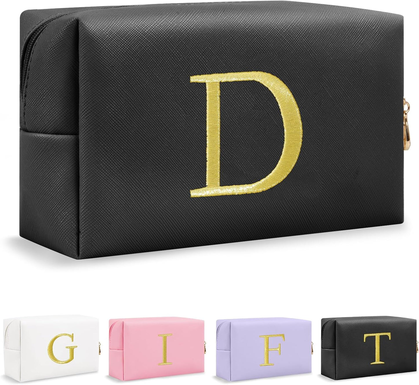Personalized Initial Makeup Bag - Gold Embroidered Cosmetic Bag for Teens | Custom Travel Toiletry Bag (Black)