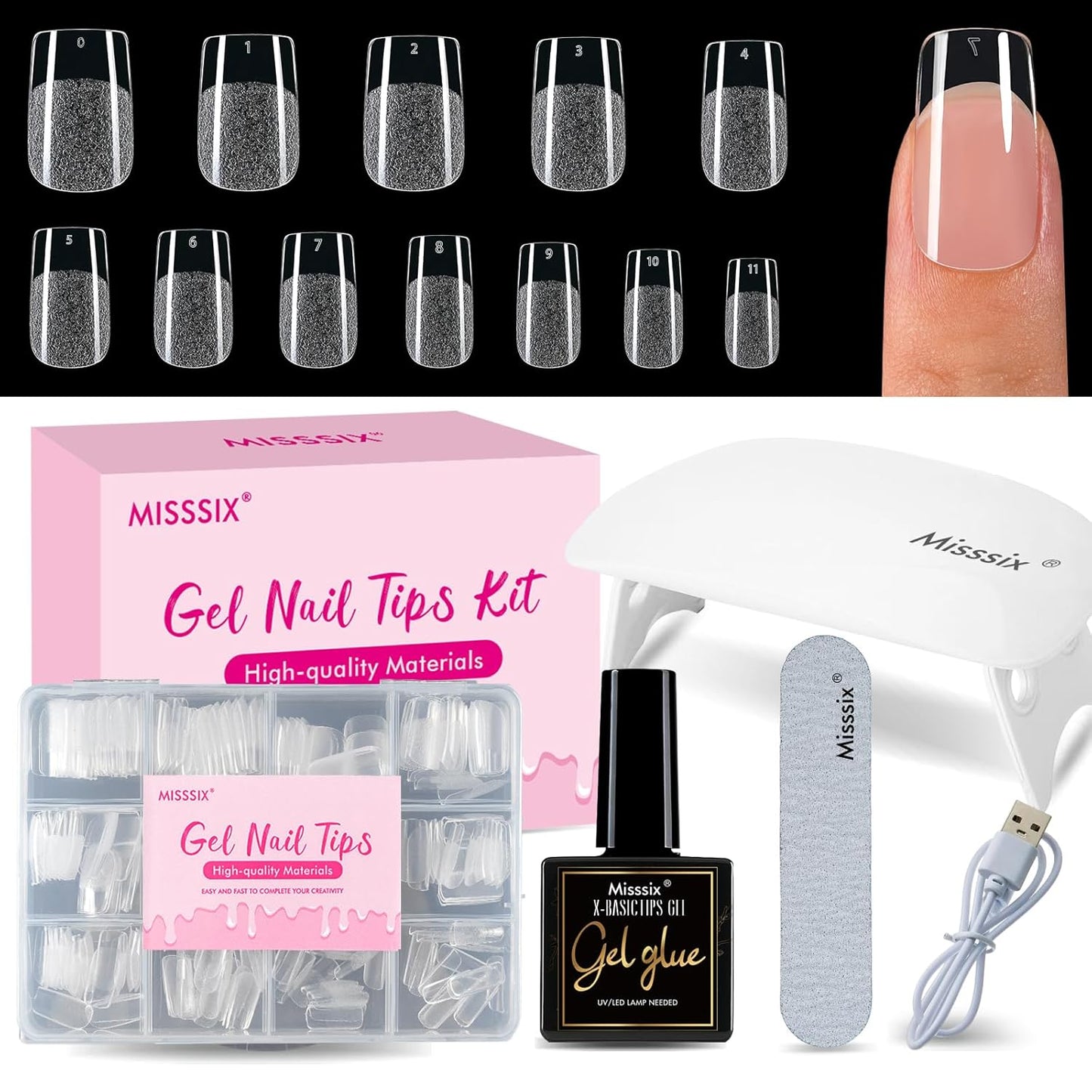 Almond Gel Nail Tips Kit - 216 Pre-Etched Clear Fake Nails | 9-in-1 Gel Glue & Mini UV Lamp for Women, 12 Sizes