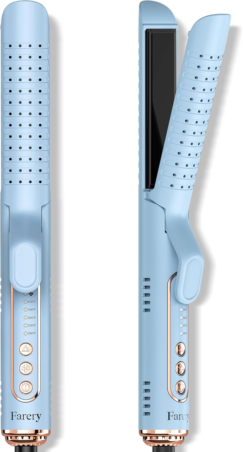 Farery Chill Set Soft-Air Curling Iron - 2-in-1 Hair Straightener & Curler with Long Barrel, Quick Styling in Blue