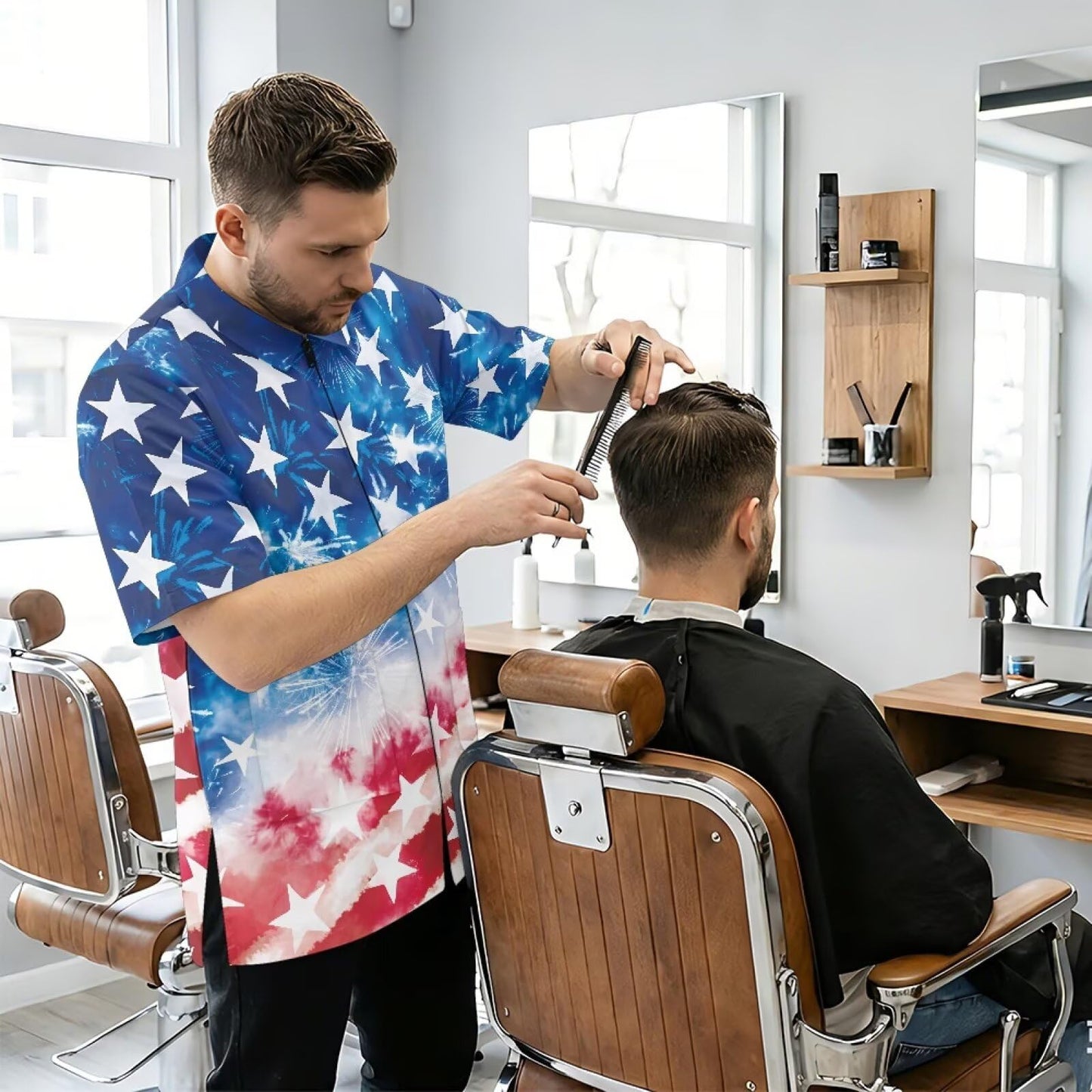 Srengjodk Blue Waterproof Smock For Barber, Hair Stylist Apron 3 Pockets Hairdresser Apron, Capes For Hairstylist America Flag Print Cosmetology Apron Grooming Smock L XL