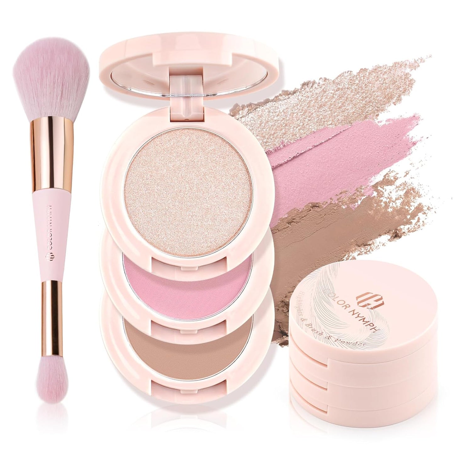 Contour Blush Highlighter Makeup Palette - 3 Colors, Shimmer & Matte Finish | Travel-Friendly Kit with Brush & Mirror