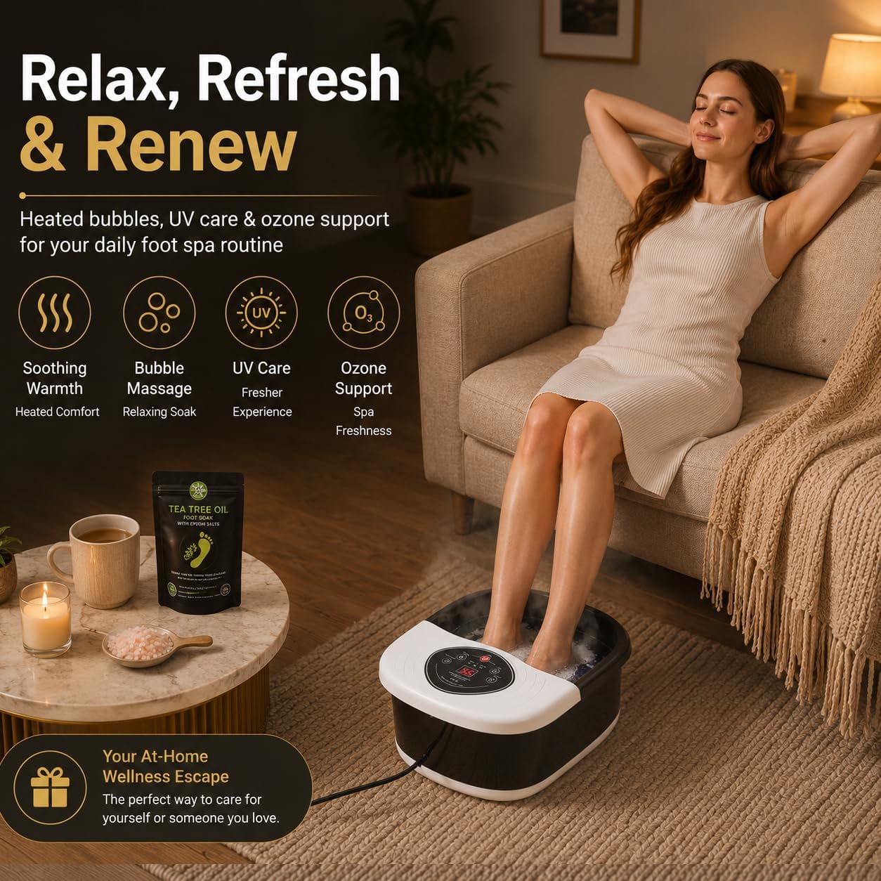 Foot Spa Bath Massager - Heated Shiatsu Roller with UV Ozone & Oxygen Bubbles | Stress Relief Soaking Tub for Home Use