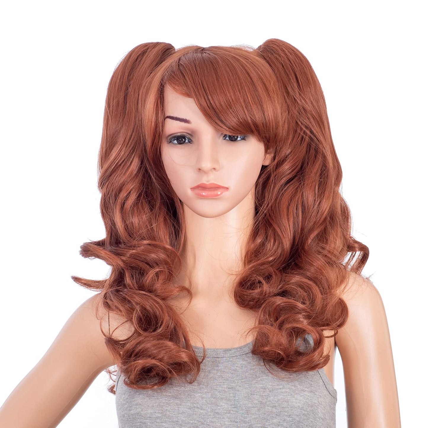 Long Curly Double Claw Clip Ponytail Wig - Synthetic Pastel Color for Cosplay | Dark Copper Red