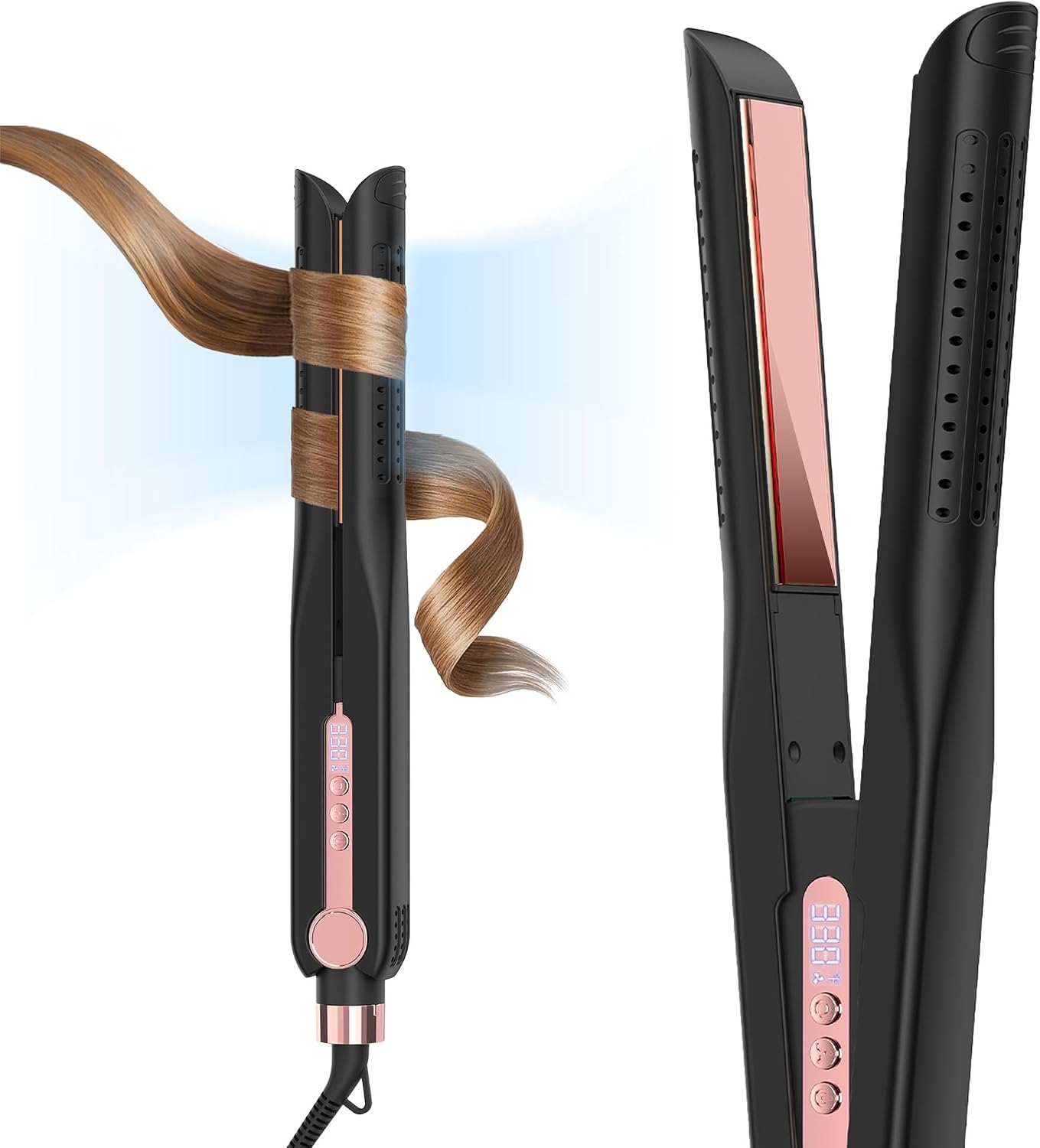 SKIMI Airflow Styler 2.0 - Titanium Flat Iron & Curling Wand with 96 Cool Air Vents | Dual Voltage, Anti-Tangle, 5 Heat Settings (Black & Champagne)