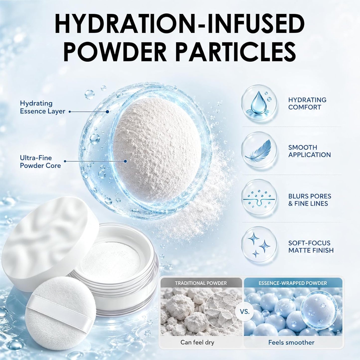 Aqua Setting Powder - Water-Based Translucent Loose Powder for Hydrating Matte Finish | Lightweight & Waterproof, Long-Lasting Oil Control
