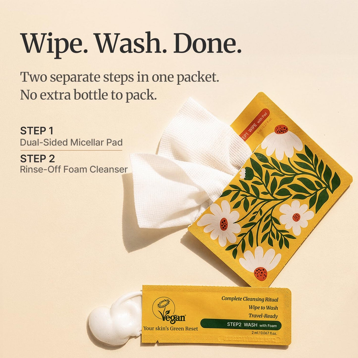Travel Size Face Wash Packets, 2-Step Single-Use Cleanser (Micellar Pad & Foam), LIFLASH Facial Cleansing Duo, Makeup Remover, TSA-Friendly Double Cleanse, Individually Wrapped, Vegan K-Beauty, 10Ct