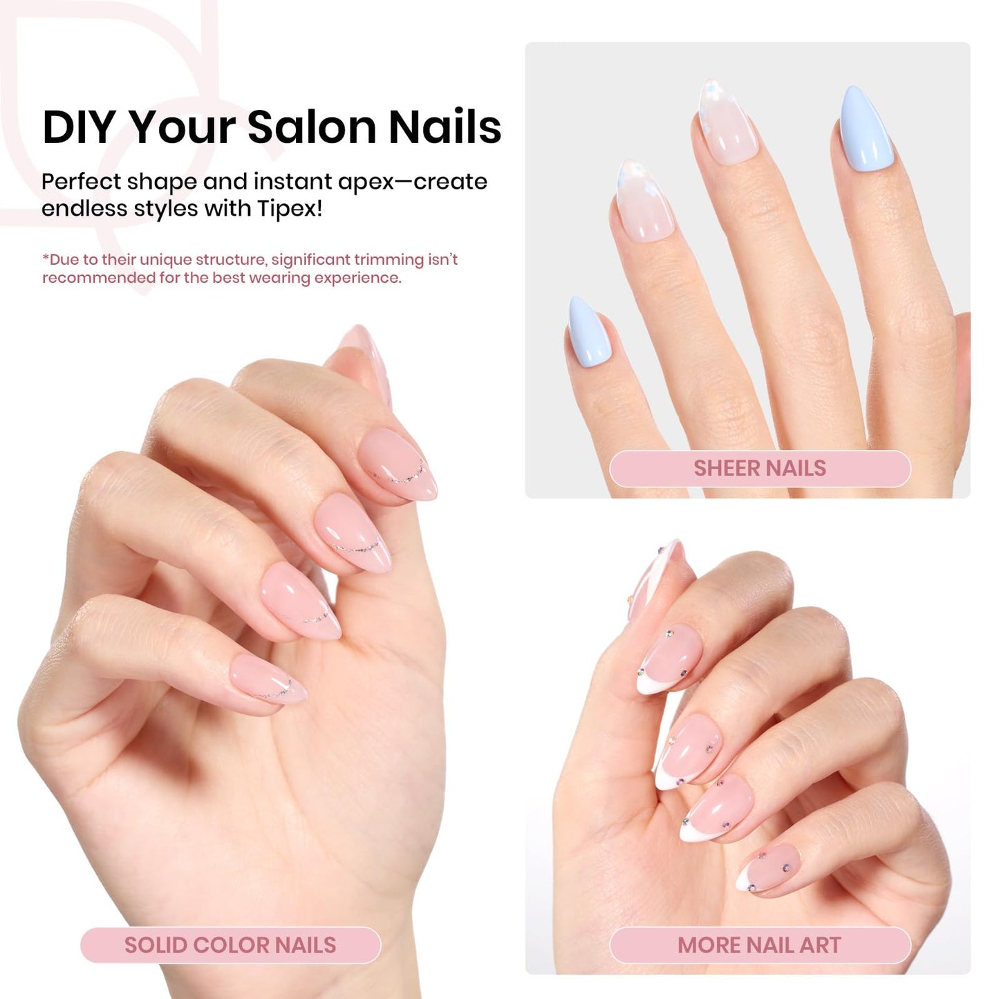 Beetles Tipex Instant Apex Nail Tips, Short Almond, 16 Sizes 00–14, 512pcs, No Builder Gel Required, Thicker Strong Acrylic Tips for DIY Salon-look Extensions
