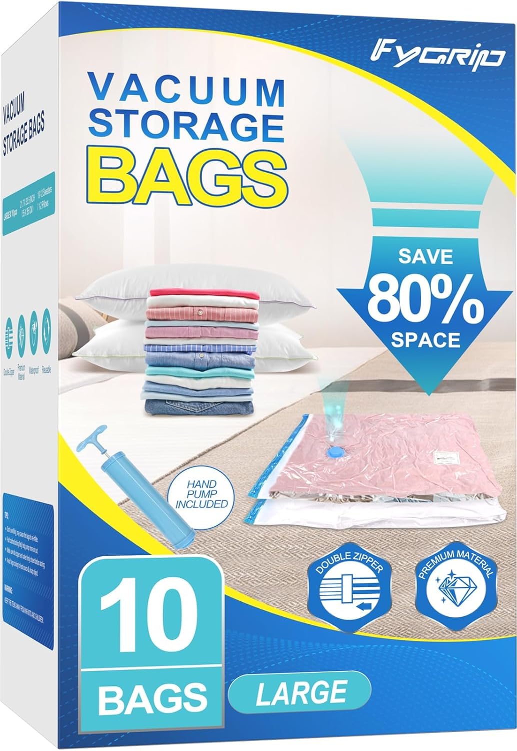 Fygrip Vacuum Storage Bags - Space-Saving Vacuum Seal Bags for Clothing & Travel | 20 Combo with Hand Pump