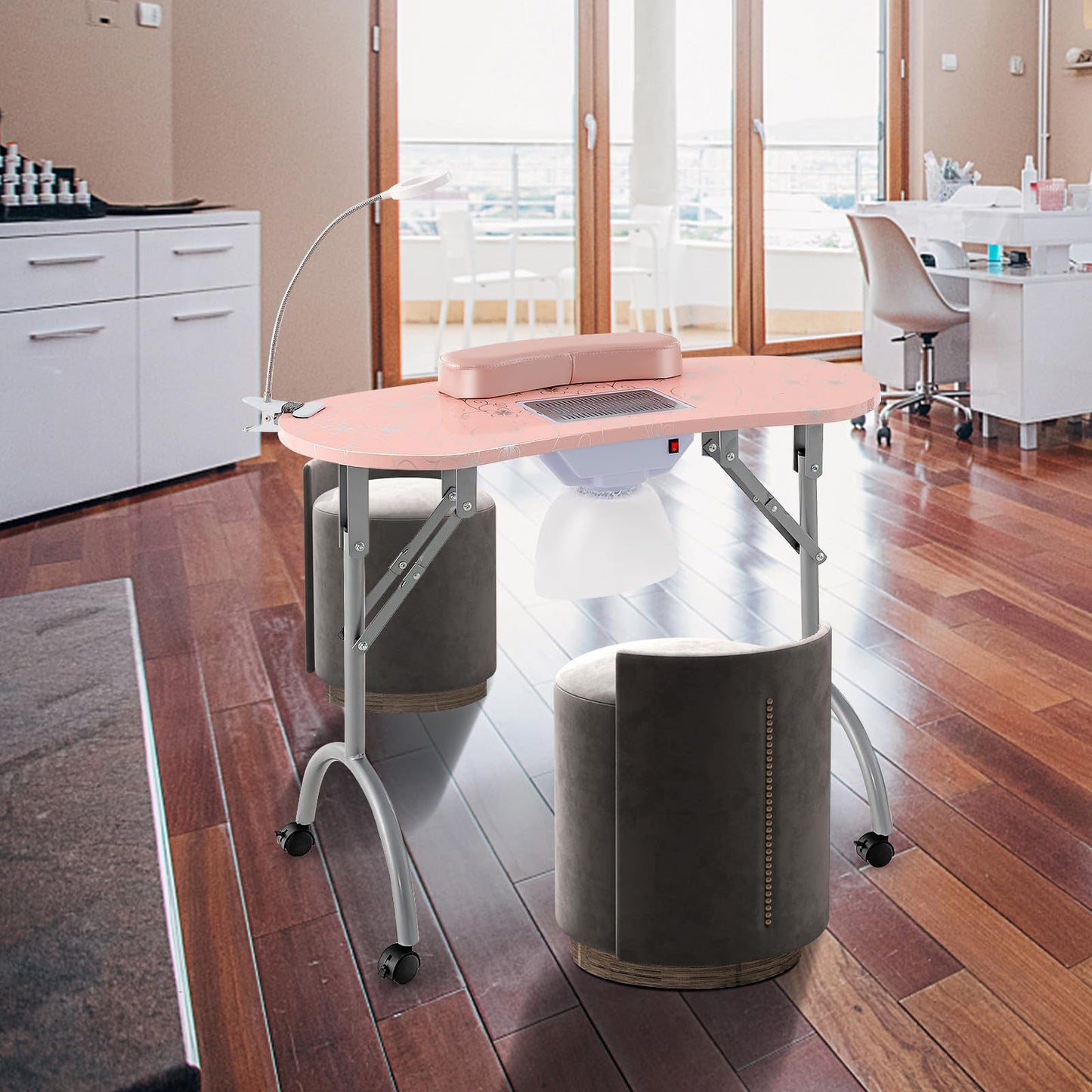 Giantex Nail Table for Nail Tech, Portable Manicure Table with Electric Dust Collector, USB-Plug LED Lamp, Wrist Rest, 4 Lockable Wheels, Foldable Nail Desk with Carry Bag (Pink)