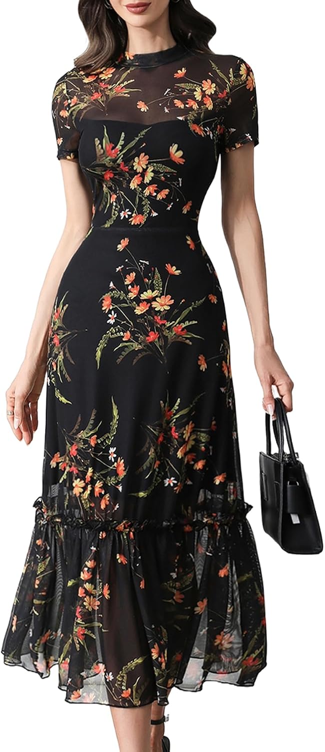Floral Mesh Ruffle Maxi Dress for Women - Casual Summer Wedding Guest Dress | Short Sleeve, Waist-Cinched