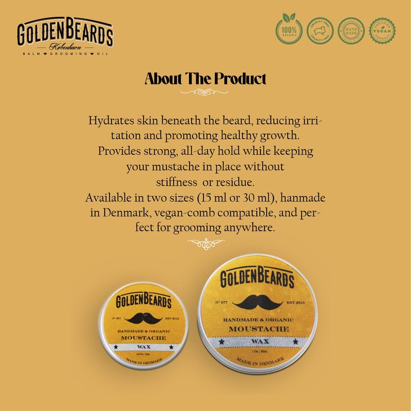 Golden Beards Mustache Wax – Organic & Natural Medium Hold Styling Wax for Men, Nourishing Beeswax & Oils, Handmade in Denmark 30ml (1oz)
