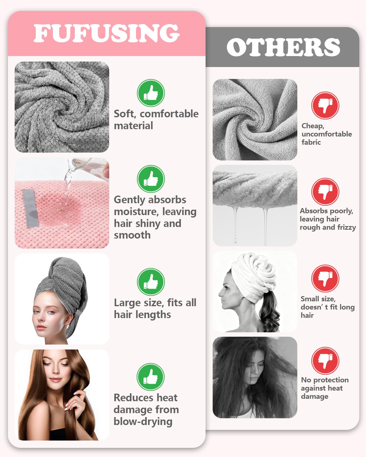 FUFUSING 2-Pack Microfiber Hair Towel - 39" x 24" Super Absorbent, Fast Drying Hair Towel Wrap for Women Long, Curly Hair - Turbans with Elastic Strap for Morning Routine & Makeup