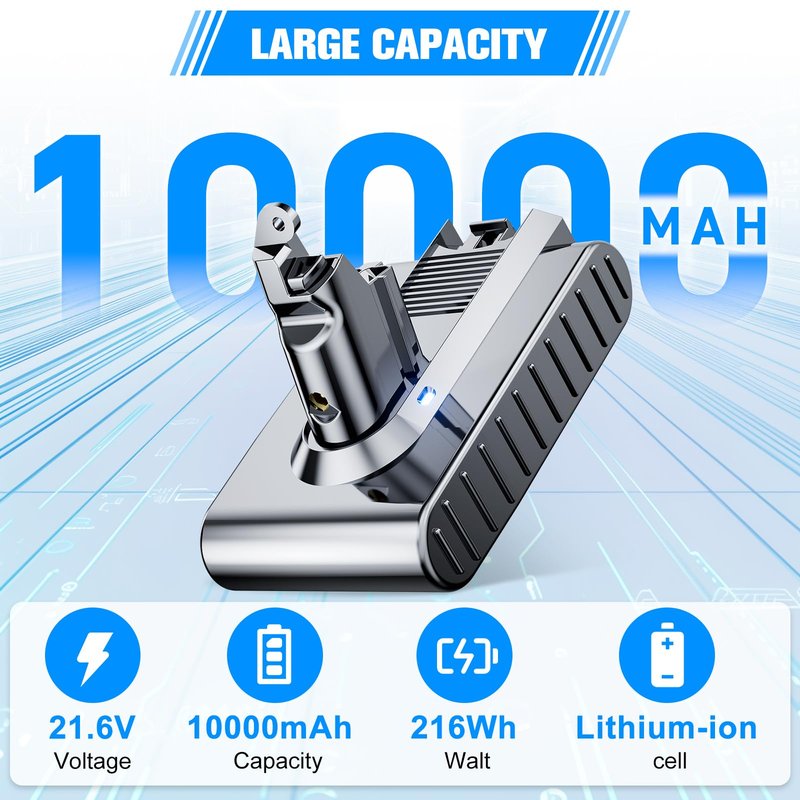 JUNWOOD 10000mAh Replacement for Dyson V6 Battery 21.6V Lithium VTC4 SV03 SV04 SV05 SV06 SV07 SV09 DC58 DC59 DC61 DC62 DC72 DC74 Absolute Animal Motorhead Slim Vacuum with 2 Filters (V6)