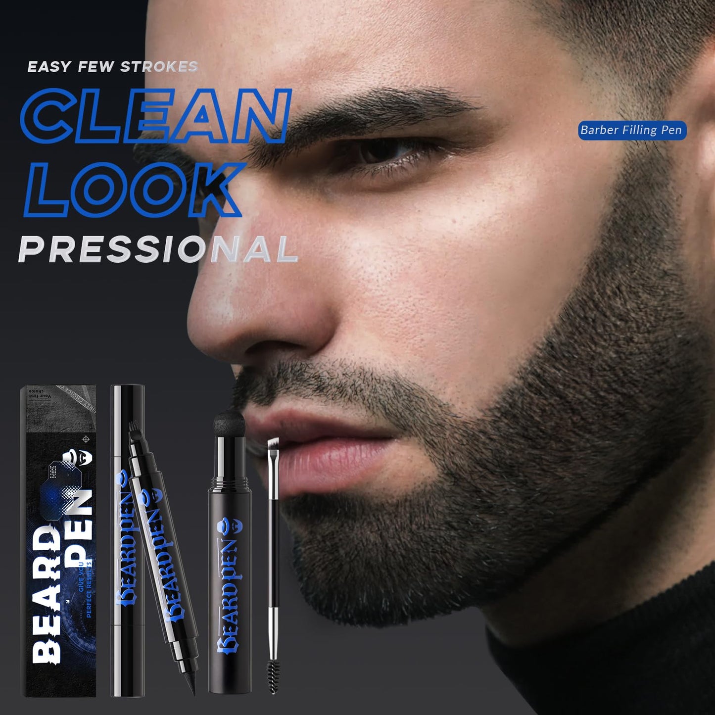 Noerrors Beard Pencil Kit Beard Filler Pen Dual End 4 Tips Beard Pen and Brush Set Hairline Moustache Eyebrows Beard Filling Shaping Styling Makeup Tools Waterproof Longlasting For Men #Black