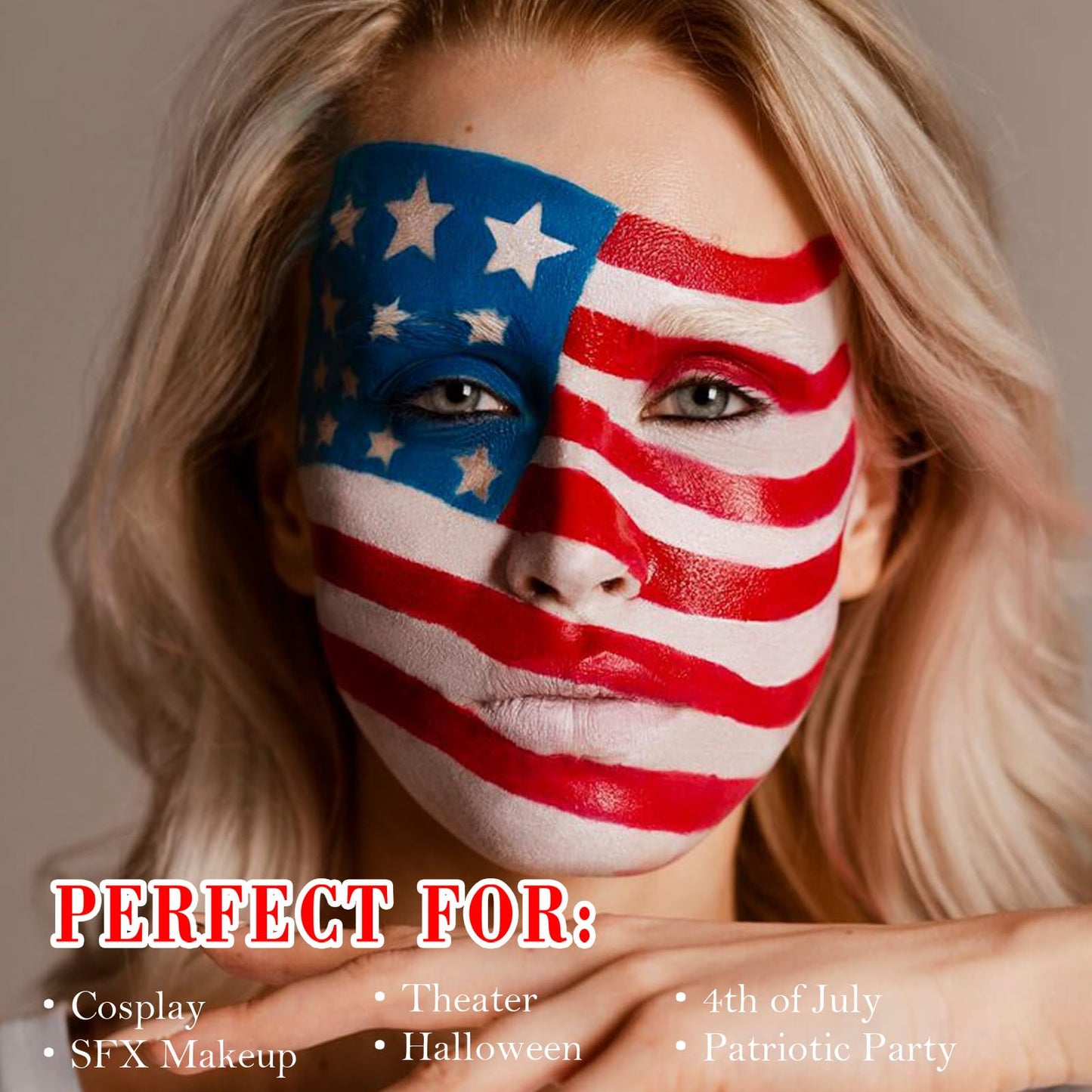 Paminify Red White Blue Face Paint Kit for Independence Day,4th of July USA Patriotic 1.01oz/pc Flag Body Paint with sponges for Sport Game,Halloween Face Painting for Joker Clown Devil Costume