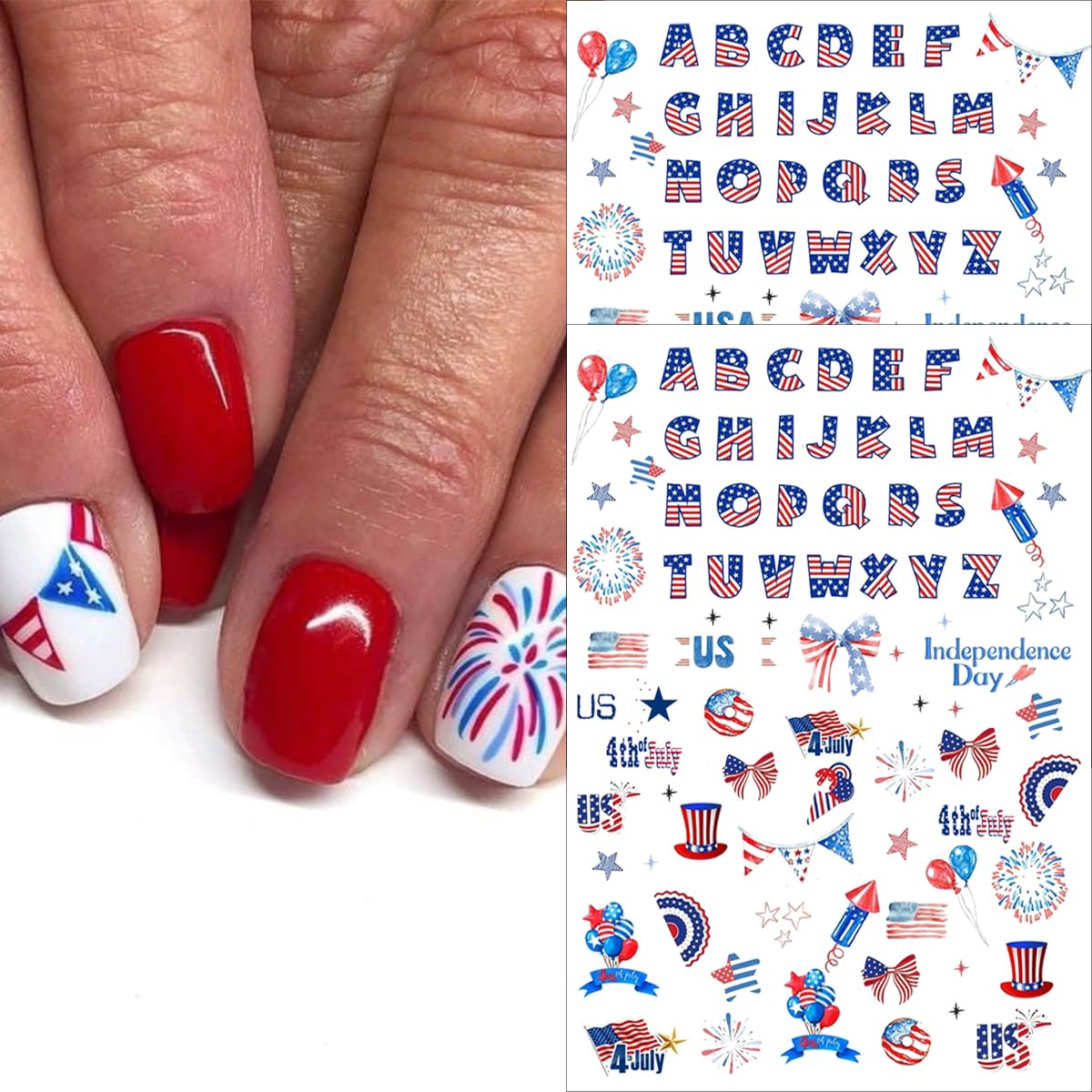 6 Sheets 4th of July Nail Stickers for Nail Art 3D Self Adhesive Independence Day Nail Art Stickers American Flag Stars Letters Fireworks Nail Decals Fourth of July Design Sticker for Women