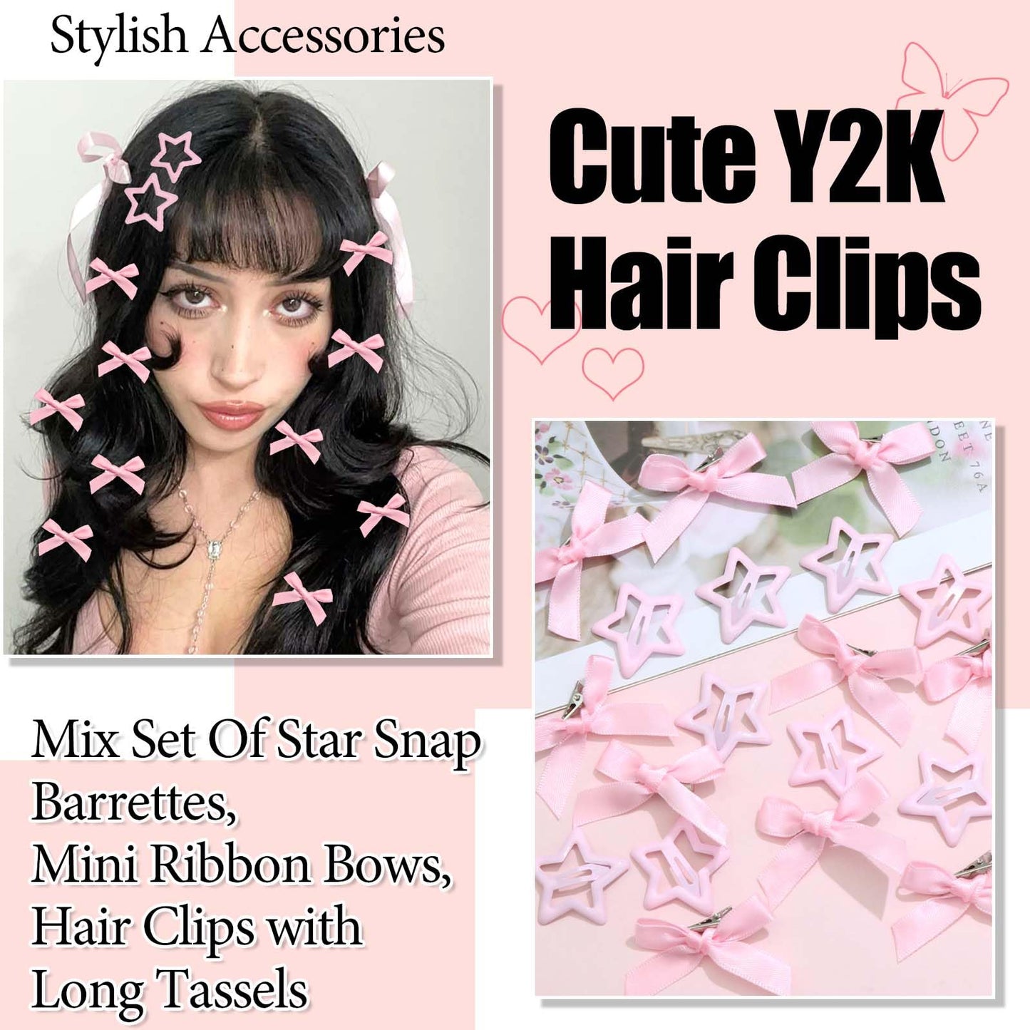 STGDAK Mini Hair Bows For Women Girls Pink Star Clips Cute Bow Barrettes Kawaii Star Hairpins Y2k Hair Ribbon Long Tail Bowknot Coquette Hair Accessories 24Pcs