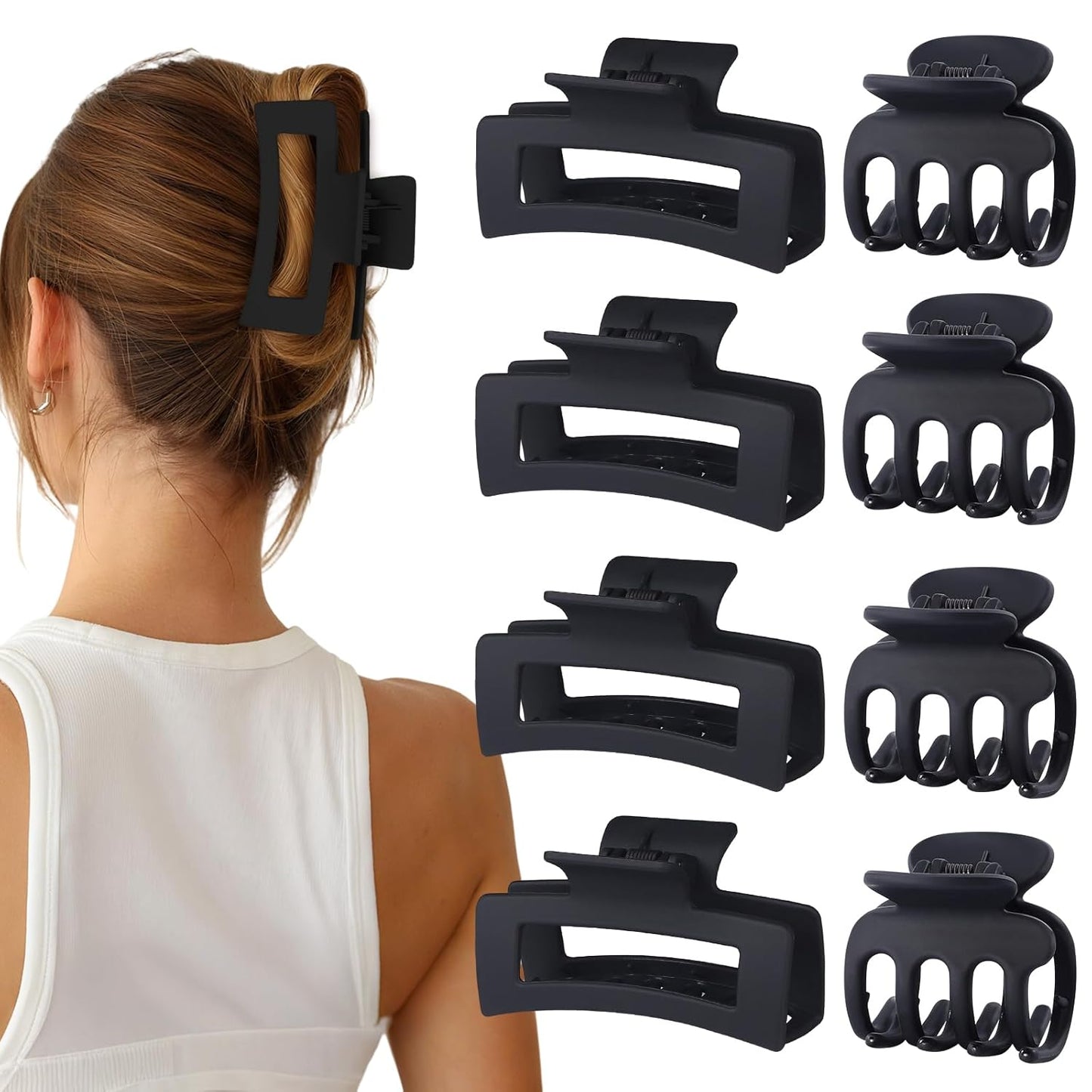 Medium Hair Clips for Women - 8 Pcs Small Claw Clips for Thin & Thick Hair | Rectangle Jaw Hair Accessories in Black
