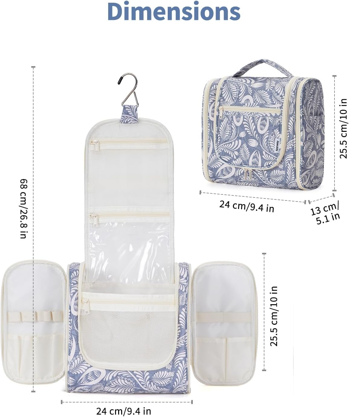 Hanging Toiletry Bag for Women | Travel Makeup Organizer - Large Blue Leaf Design