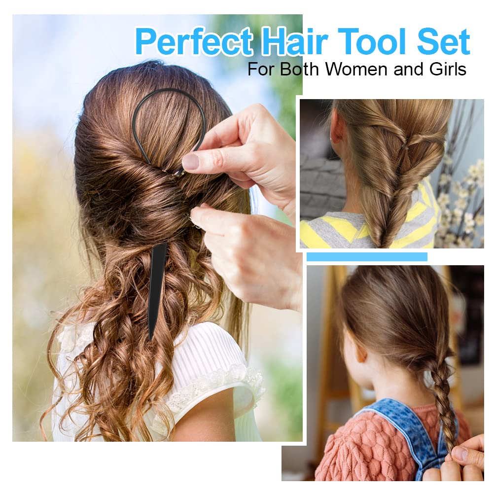 Topsy Tail Hair Tool Set by IKOCO - 400pcs Hair Bands, 2pcs Loop Styling Tools, Rat Tail Comb, (200pcs Each) Clear and Black Elastics