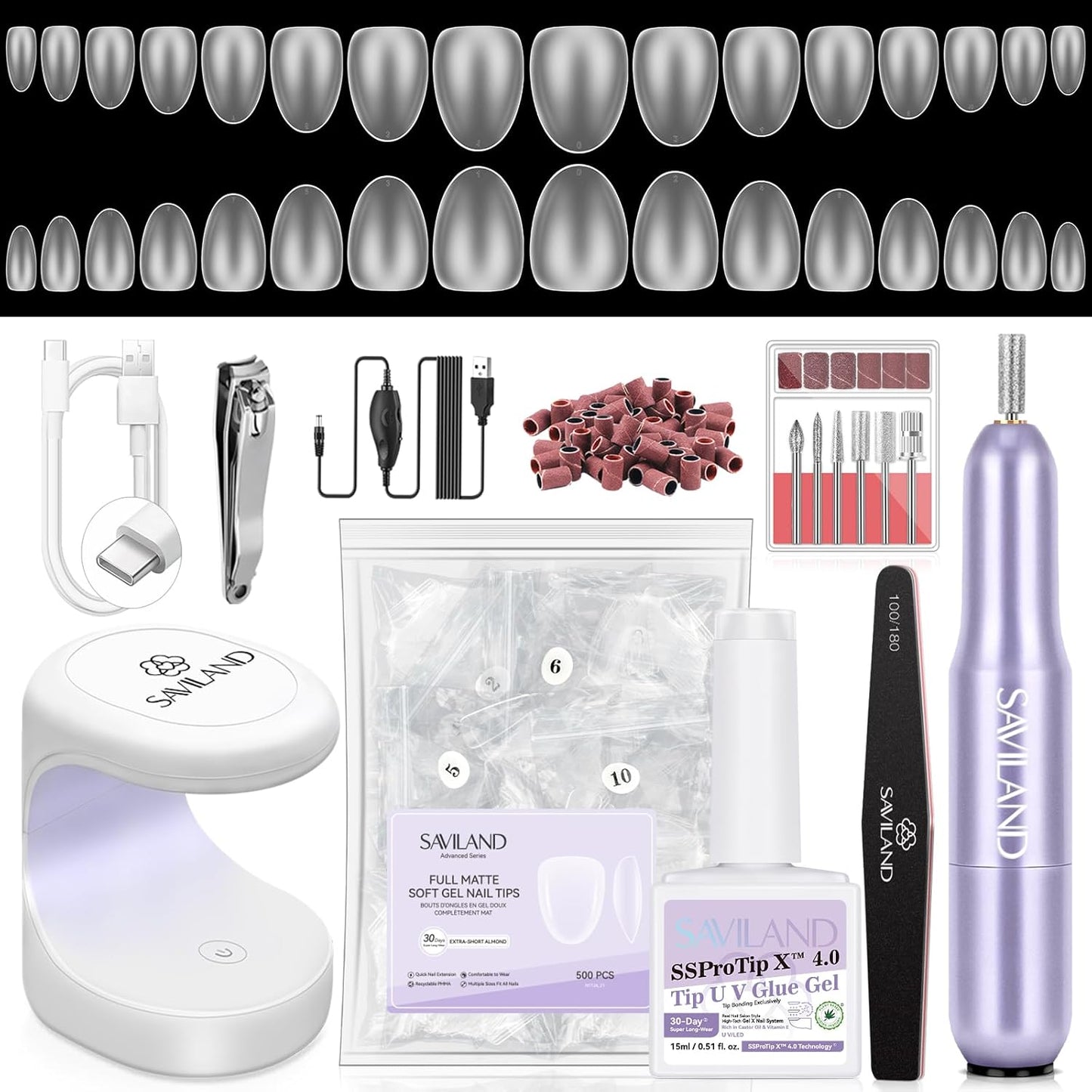 Acrylic Nail Kit with Drill & UV Light - Clear, Pink, Black & Red Powder & Gel Polish for DIY Nail Art