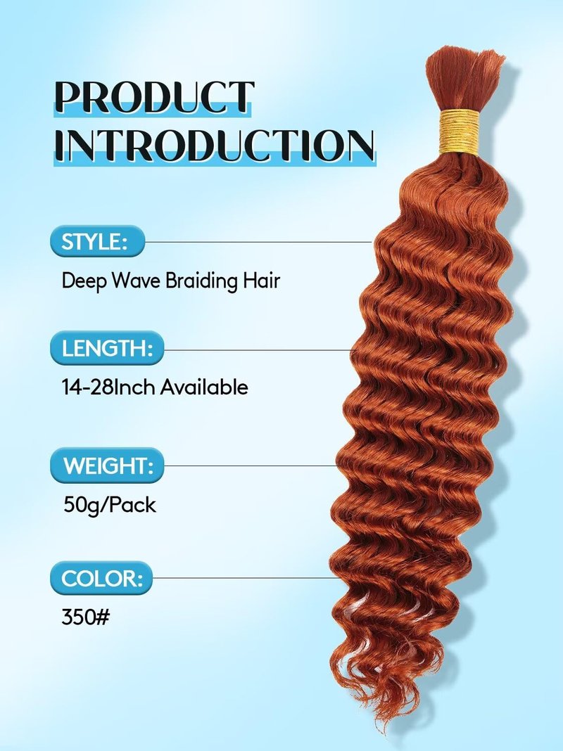 Unprocessed Human Hair for Braiding - #350 Ginger Copper Curly Bulk Hair, 12A Grade, 28 Inch, 50g Bundle