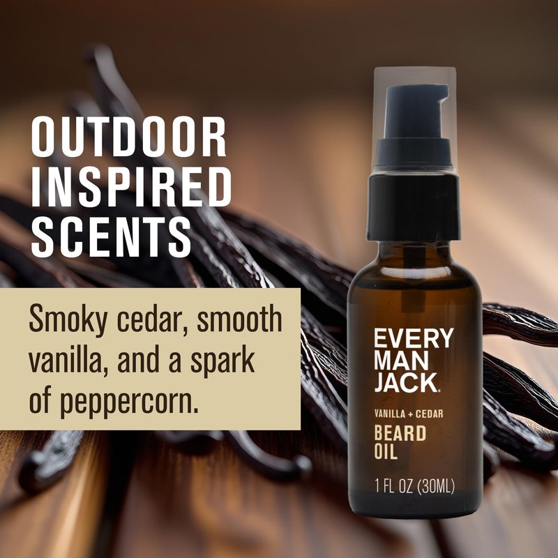 Every Man Jack Mens Beard Oil - Vanilla + Cedar Fragrance - Deeply Moisturizes and Softens Your Beard and Adds a Natural Shine - Naturally Derived with Shea Butter and Argan Oil - 1 fl oz (2 Pack)