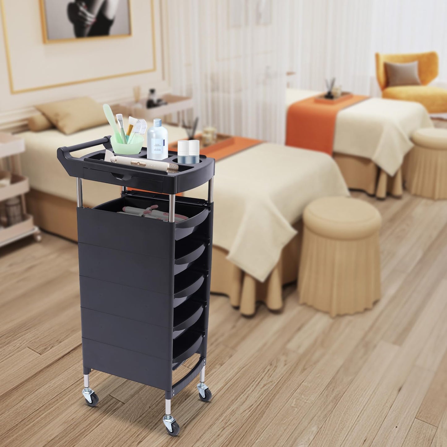 Salon Trolley, 6 Tiers Beauty Salon Trolley with Handle+Rolling Wheels, 5 Drawers and 2 Hair Dryer Holder Side Tray for Beauty Salons, Barber Stores, Hospitals, and Health Centers, Black