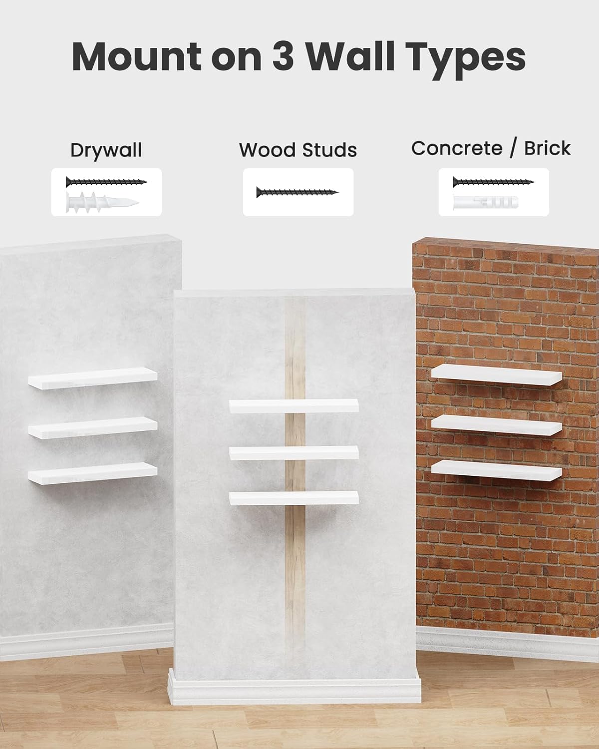 Floating Shelves for Bathroom, Living Room & Kitchen | White Wall Shelves with Invisible Brackets - Set of 3