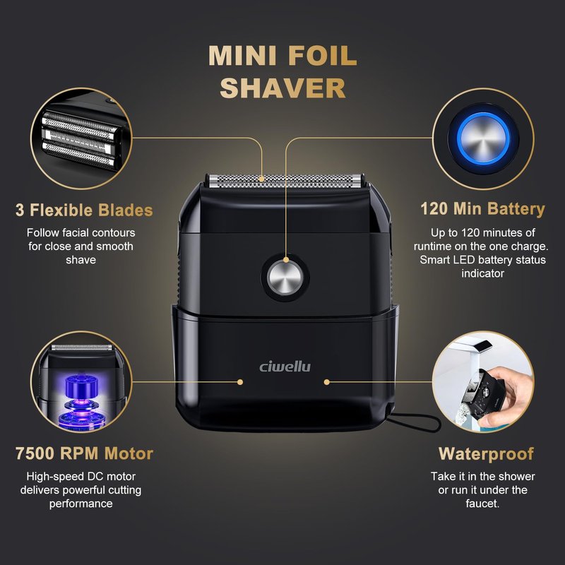 Electric Foil Shavers for Men：Upgraded Mini Electric Razor for Beard with 3 Floating Blades - Cordless Portable Travel Face Shaver USB-C Fast Rechargeable - IPX5 Waterproof(Black)