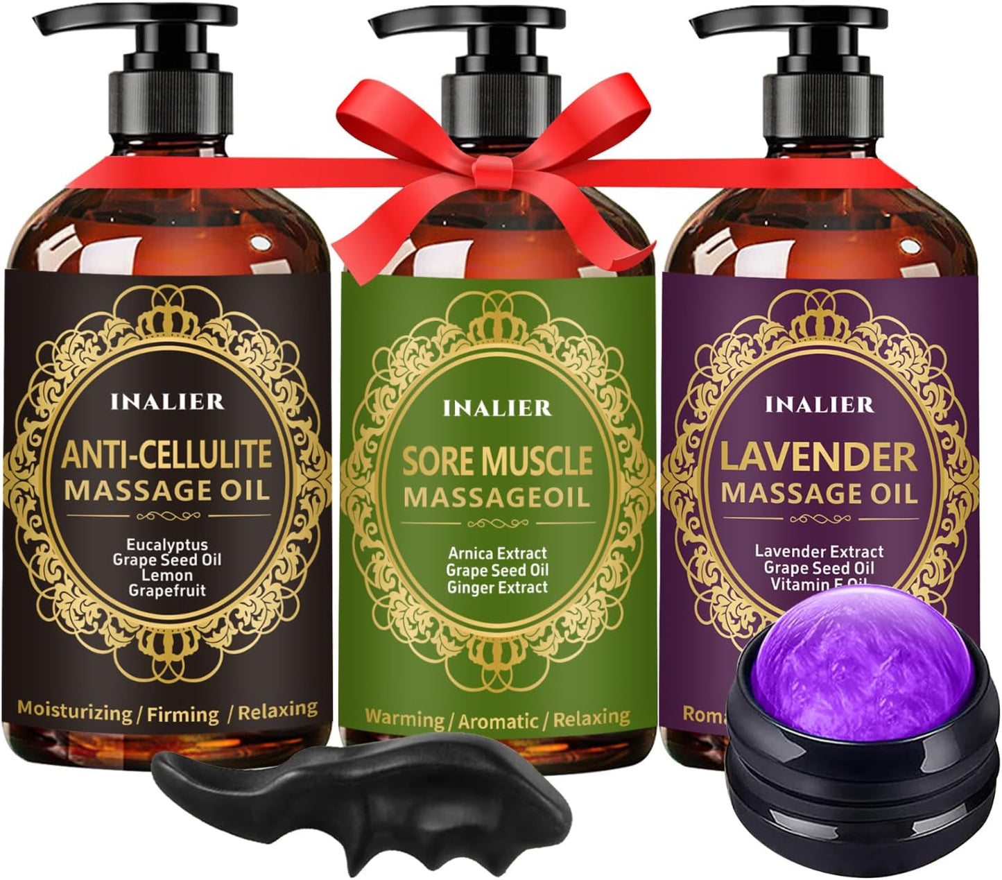 Massage Oil Set for Men | 3-Pack Arnica & Lavender Therapy Oils with Massage Ball & Thumb Saver Tool