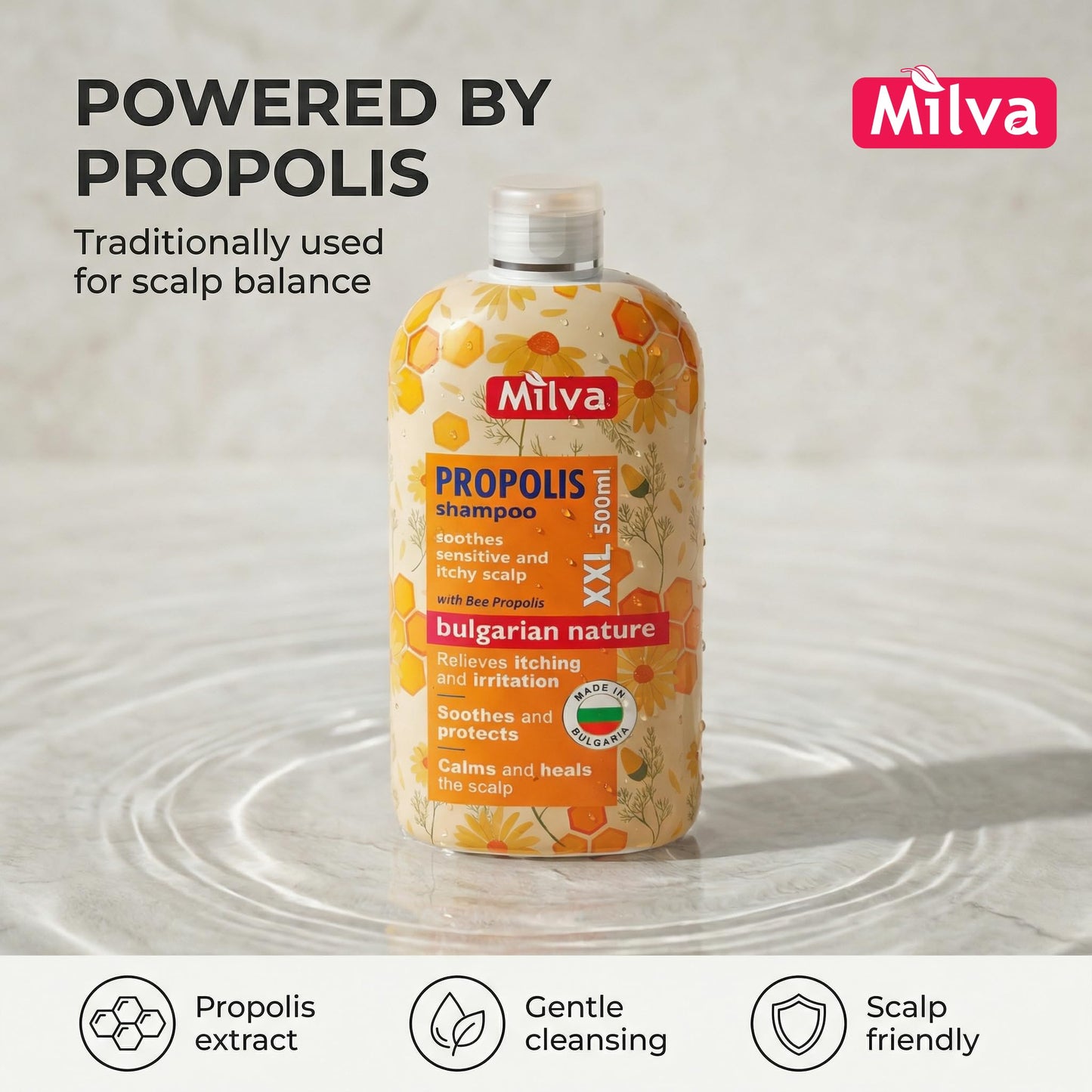 Milva Itchy Scalp Shampoo with Propolis - 6.7 Fl Oz Honey Bee Propolis Shampoo - Itchy Scalp Treatment & Anti Dandruff - Strengthens, Prevents Breakage & Protects Hair - Made in Bulgaria - 200ml
