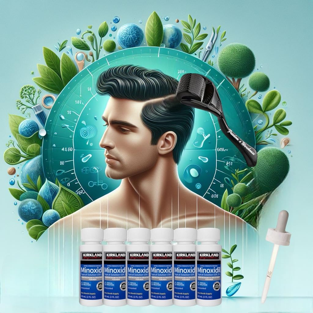 (6 Pack) Kirkland Minoxidil for Men Hair Regrowth Treatment, Liquid Extra Strength 5% Topical Solution, 6 Months Supply - Dropper Applicator and Microneedle Roller Included - Minoxidil Kirkland