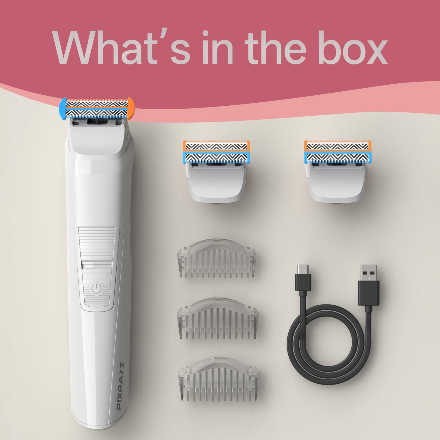 PIXRAZZ Bikini Trimmer for Women, Painless Electric Shaver & Razor for Pubic Hair, Body & Sensitive Skin, Cordless USB Rechargeable Groomer for Travel with 2 Replacement Heads & 3 Guide Combs