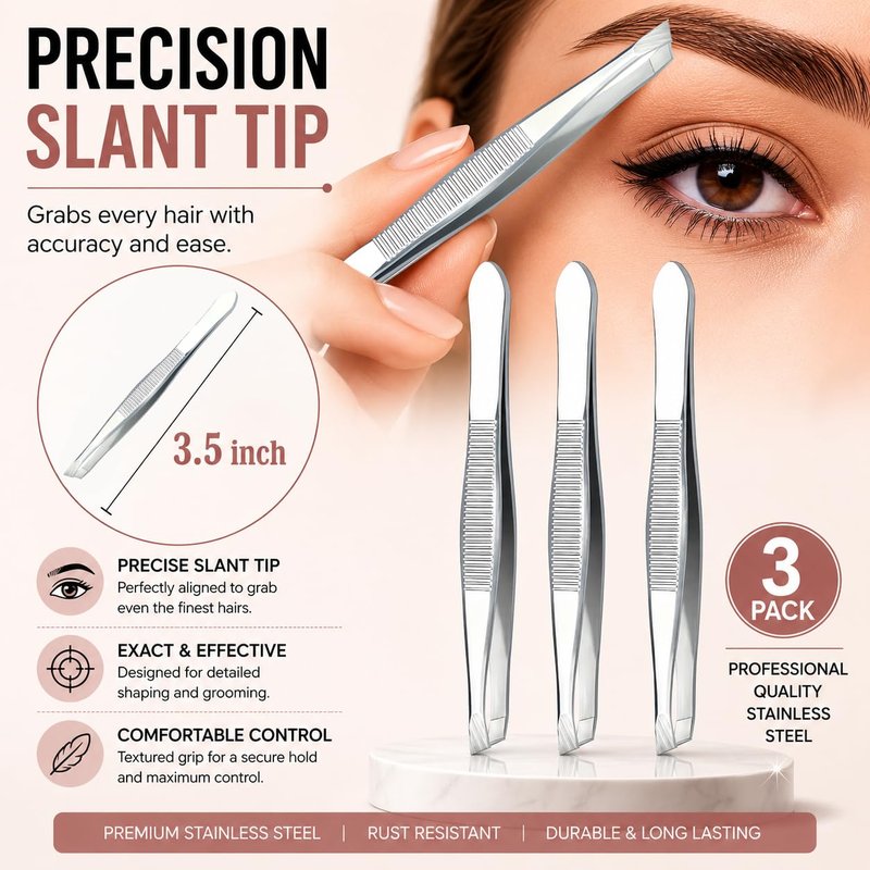 LUXXII Precision Slant Tip Tweezers Set (3 Pack) – Stainless Steel Eyebrow Tweezers for Facial Hair, Ingrown Hair & Fine Hair Removal, Professional Beauty Grooming Tool