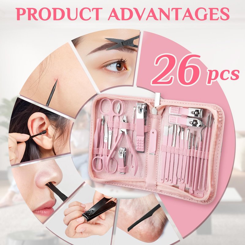 MINKINH 26-Piece Professional Manicure Set，Features Stainless Steel Tools, Carbon Steel Clippers & Travel Case for Women's Home and Travel Grooming(Pink)