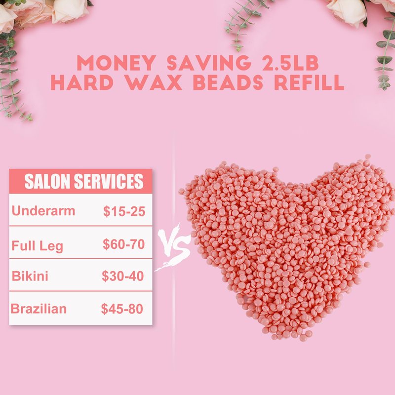 2.5lb Hard Wax Beads, Scented Stripless Wax Bead for Sensitive Skin, Professional Brazilian Waxing Bead, Bikini, Body, Face, Legs, Back, Chest, Coarse Hair Removal, At-Home Salon, 20 Wooden Sticks
