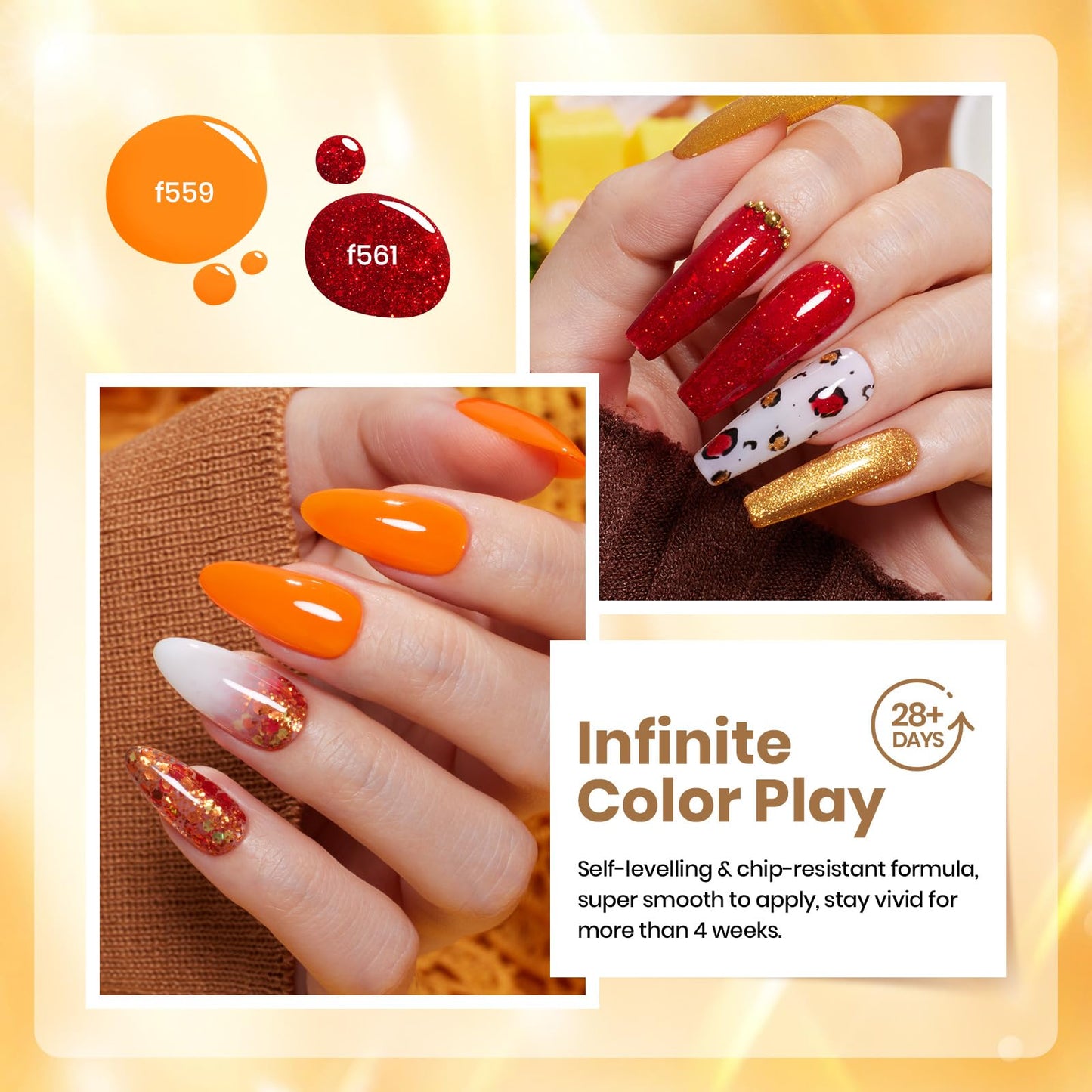 Beetles Glitter Gel Polish Set - Daring Glow Collection, Gold Cat Eye Gel Colors Red Gold Glitter Shimmer Yellow Orange Nails Art Soak off Uv LED Manicure Nail Trend Gift for Women