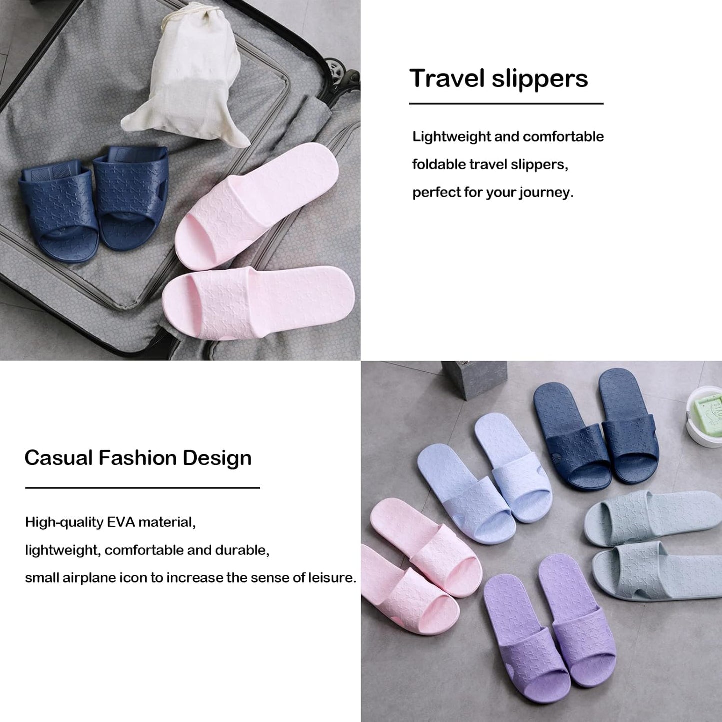 Travel Slippers for Women & Men - Portable Foldable Non-Slip Quick Dry Shoes | Cotton Storage Bag Included
