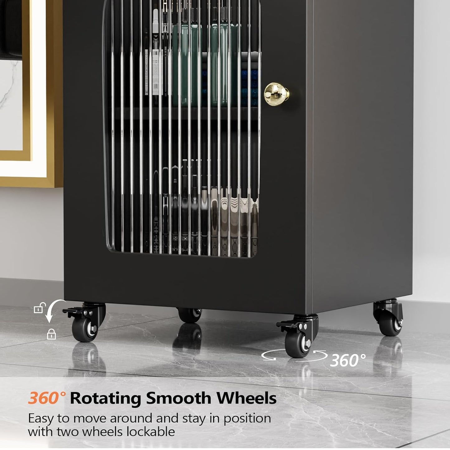 Salon Cart with Wheels - 3-Tier Rolling Beauty Cart with Glass Door & Dryer Holder | Mobile Hair Styling Station for Professionals - Black