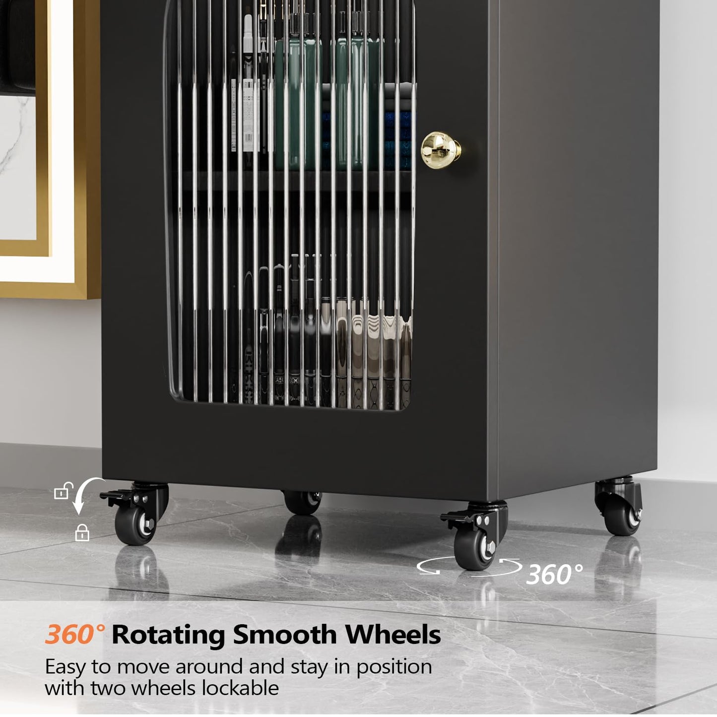 Salon Cart with Wheels & Adjustable Shelf, Black 3-Tier Rolling Beauty Trolley for Hair Stylist, Barber, Esthetician, Storage Cabinet w/Glass Door & Hair Dryer Holder, Mobile Station for Spa, Tattoo