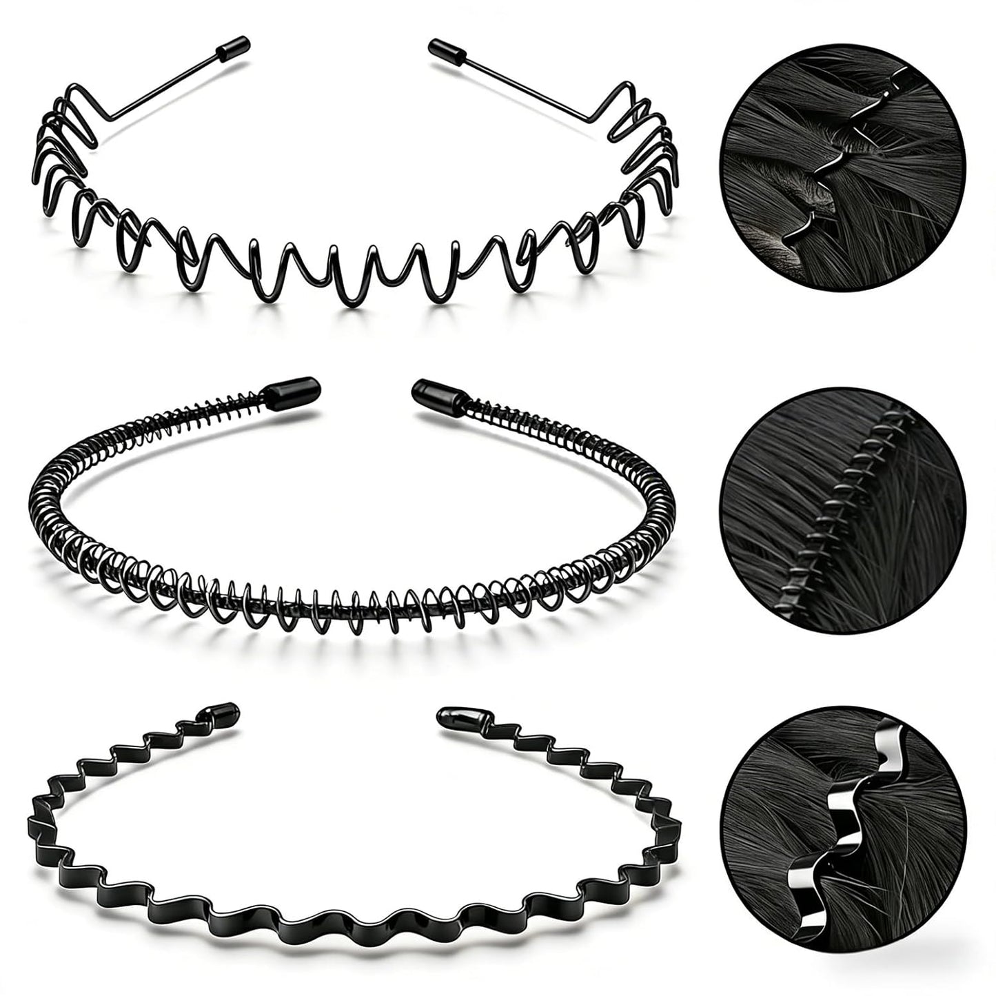Adjustable Metal Headbands for Men & Women - Non-Slip Zigzag Design | 3 Pack Black Sports Hairbands for Running & Workouts