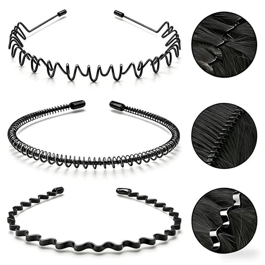 Adjustable Metal Headbands for Men & Women - Non-Slip Zigzag Design | 3 Pack Black Sports Hairbands for Running & Workouts