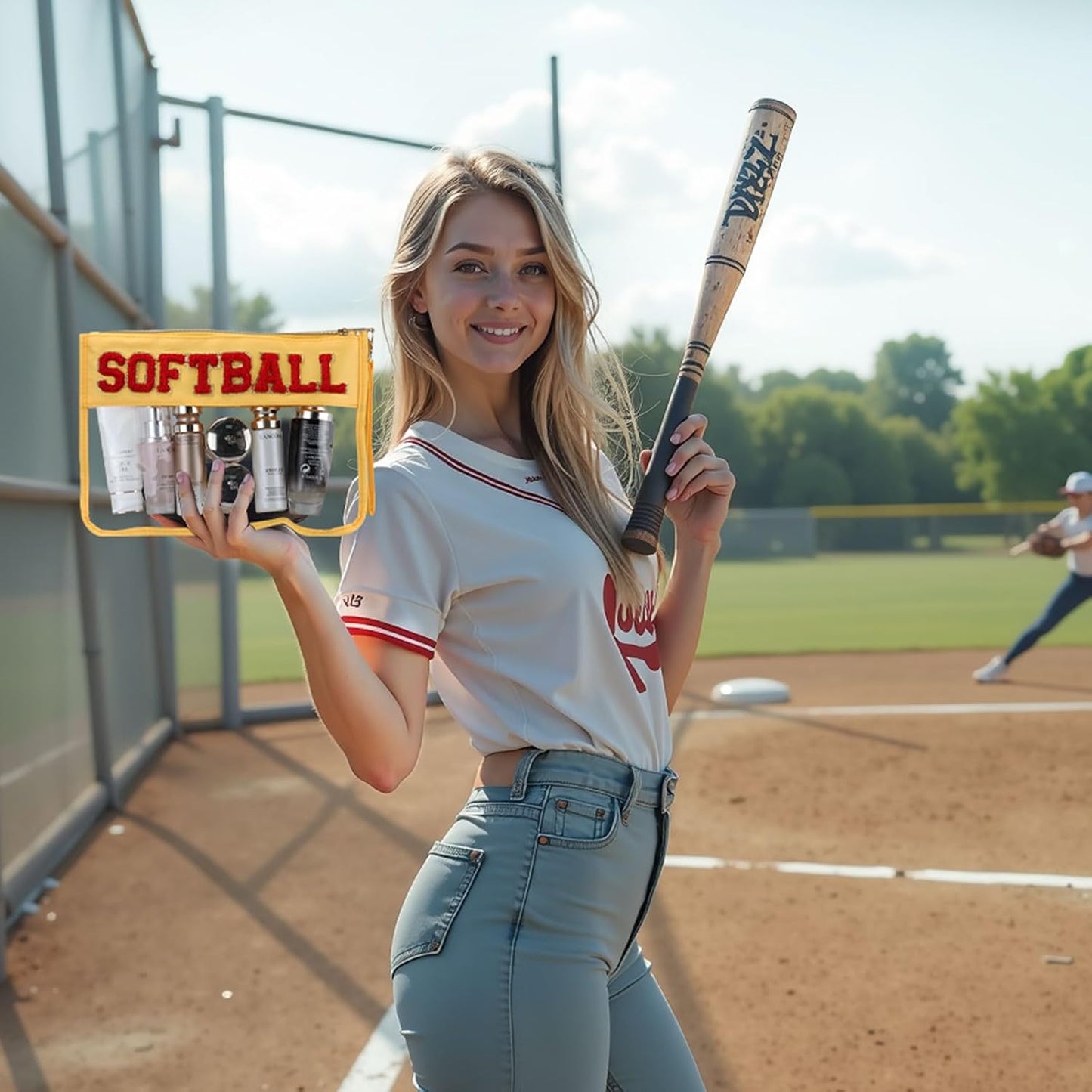 Softball Gifts Makeup Bag - 2 Pcs Clear PVC Organizer Pouch | Waterproof Travel Toiletry Bag for Women